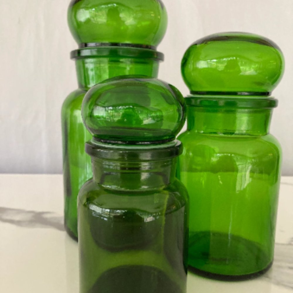 Emerald Green Apothecary Jars, Vintage, Made in Belgium 1970s (set-3) EXCELLENT